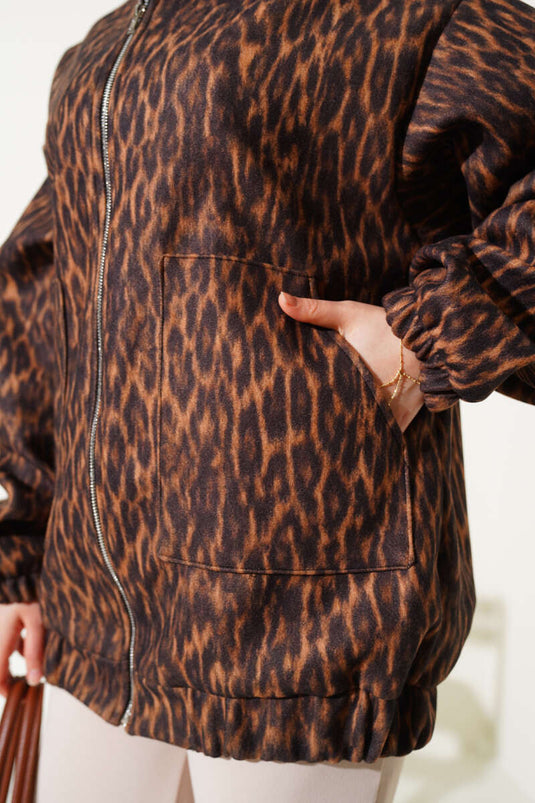 Zippered Leopard Print Wool Coat Leopard