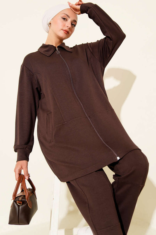 Zippered Loysha Pocketed Two Piece Suit Bitter Brown