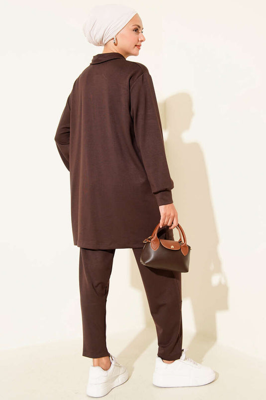 Zippered Loysha Pocketed Two Piece Suit Bitter Brown