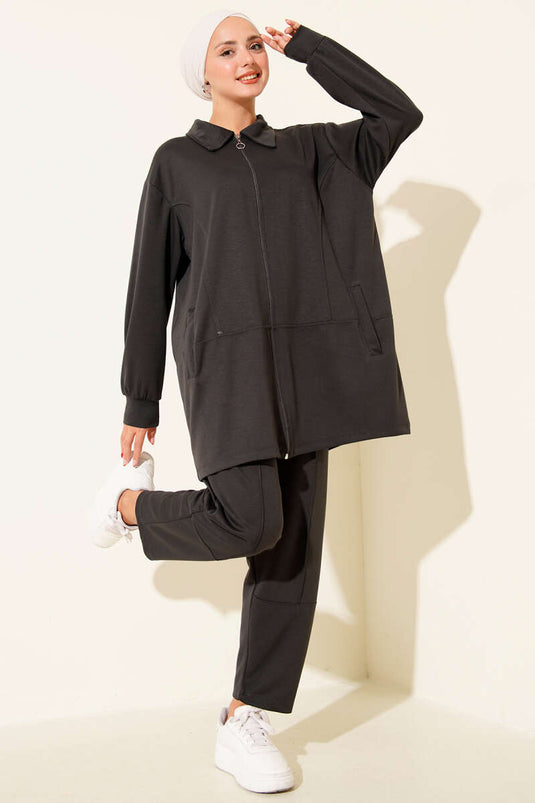 Fermuarlı Loyşa Cepli İkili Takım Füme