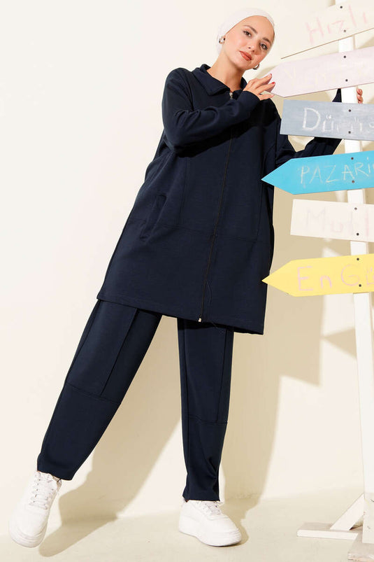 Costume deux pièces à poches zippées Loysha bleu marine