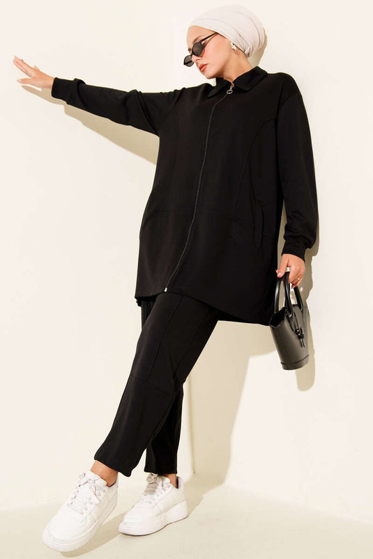 Loysha Pocket Zweiteiliger Anzug mit Reißverschluss in Schwarz