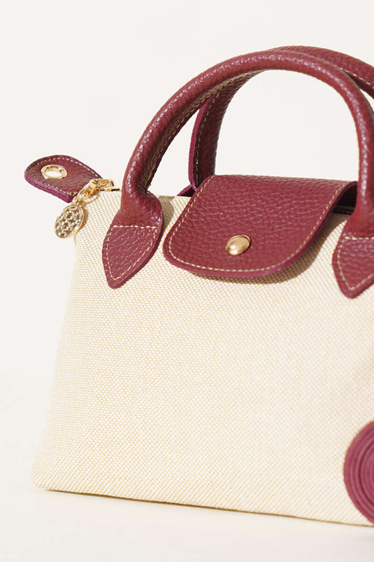 Zippered Straw Bag with Magnetic Detail, Burgundy
