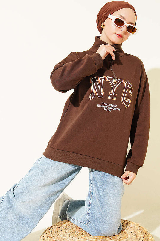 NYC Geborduurde Sweatshirt Met Rits In Koffie