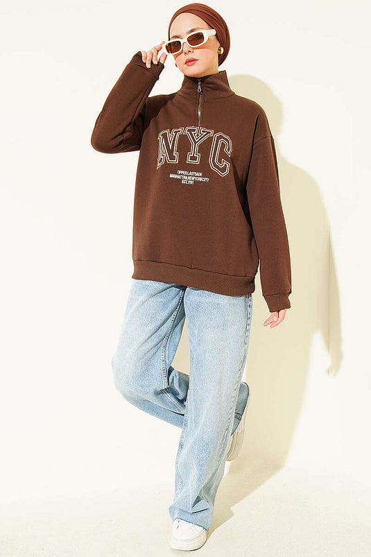 NYC Geborduurde Sweatshirt Met Rits In Koffie