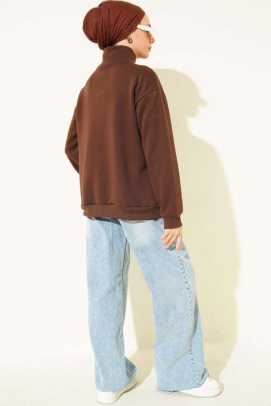 NYC Geborduurde Sweatshirt Met Rits In Koffie