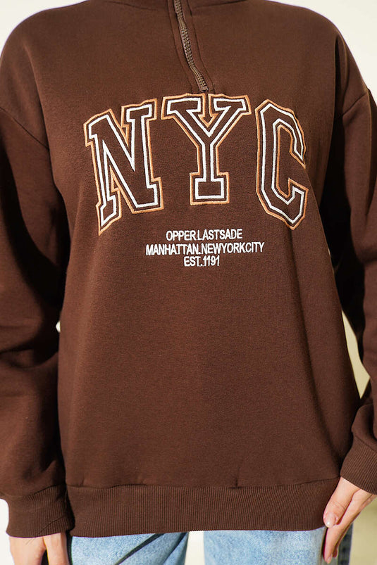 NYC Geborduurde Sweatshirt Met Rits In Koffie