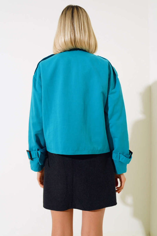Fermuarlı Omuz Apoletli Kısa Ceket Petrol Yeşili