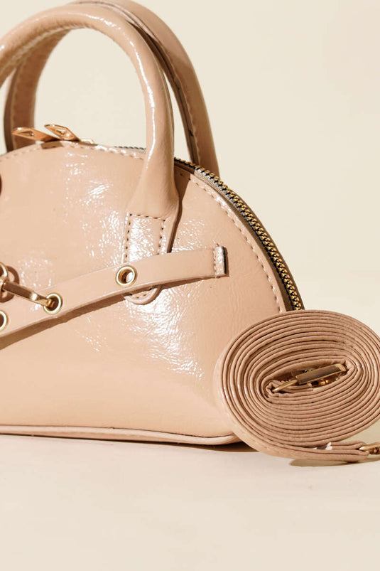 Fermuarlı Oval Mini El Çanta Bej