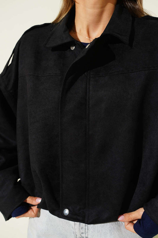 Veste courte oversize en daim avec fermeture éclair, noire