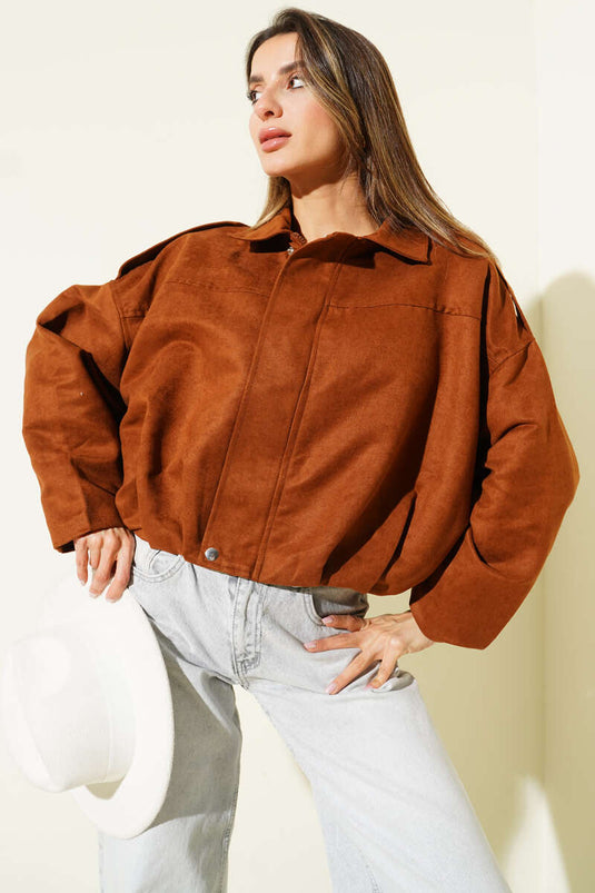 Fermuarlı Oversize Kısa Süet Ceket Taba