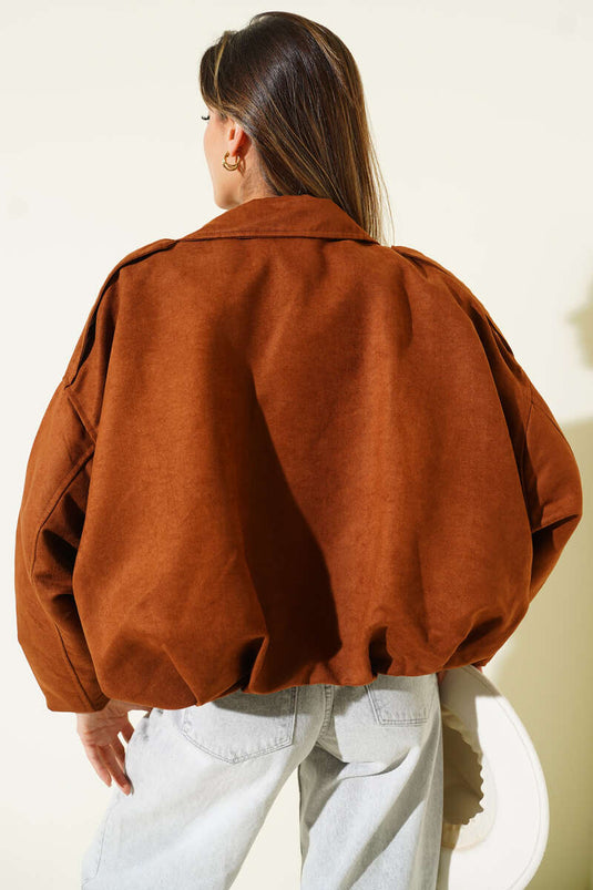 Fermuarlı Oversize Kısa Süet Ceket Taba