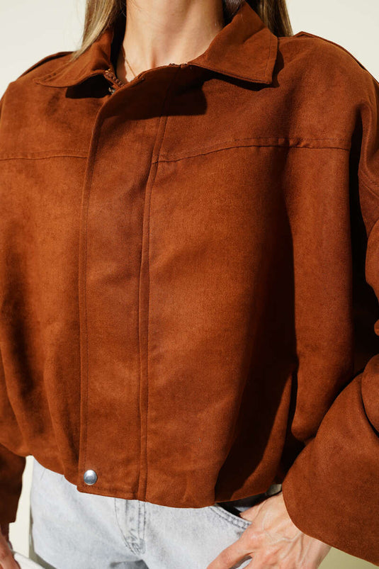 Veste courte oversize en daim avec fermeture éclair, beige