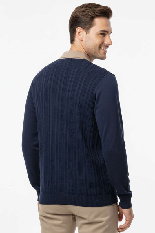 Fermuarlı Polo Yaka Örme Erkek Kazak Lacivert