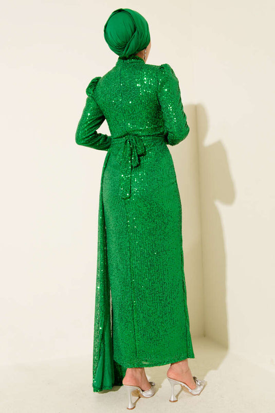 Zippered Sequined Belted Formal Dress Benetton