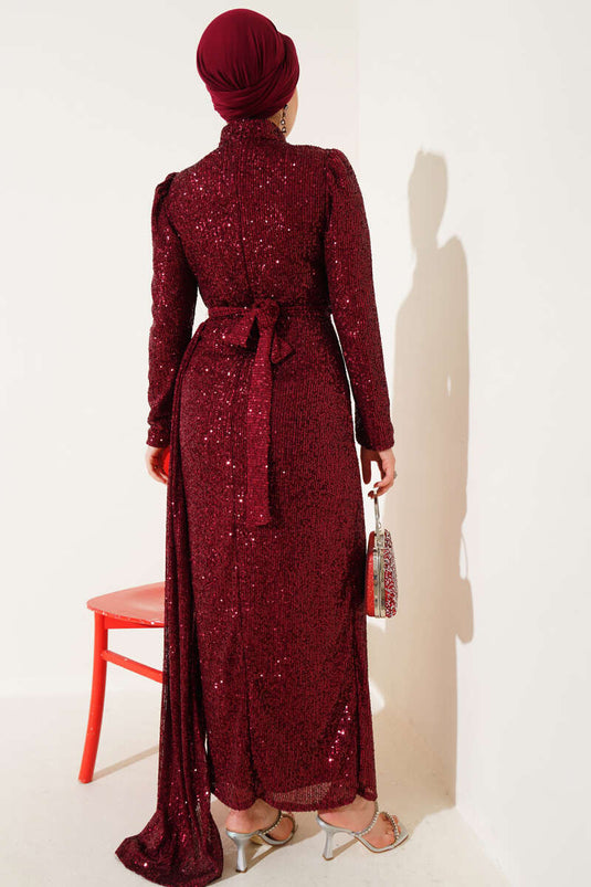 Robe de soirée zippée à sequins et ceinture bordeaux