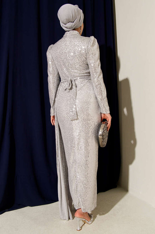 Silver Zippered Sequin Belted Evening Dress
