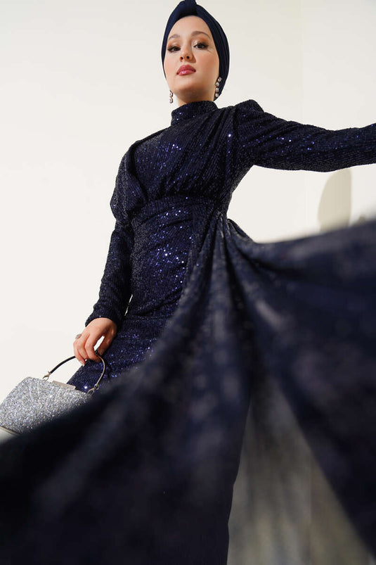 فستان سهرة بحزام وسحاب وترتر أزرق داكن