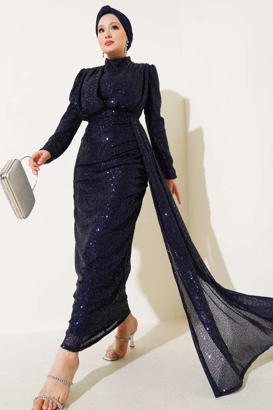 فستان سهرة بحزام وسحاب وترتر أزرق داكن