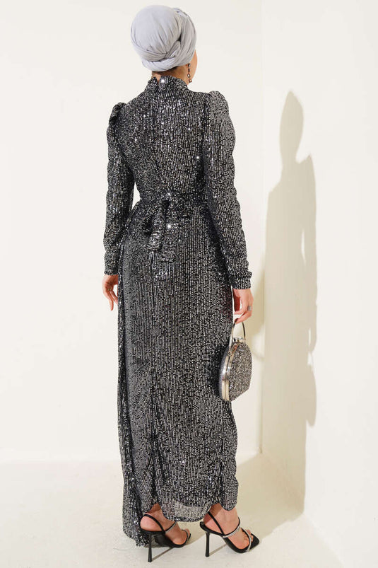 Robe de soirée zippée à paillettes et ceinture platine