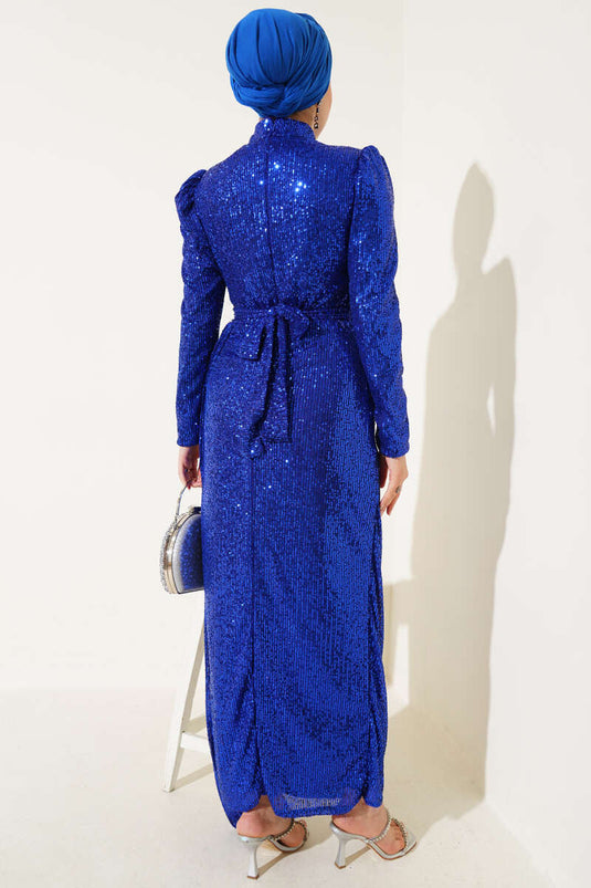 Robe de soirée zippée à paillettes et ceinture bleu saxon