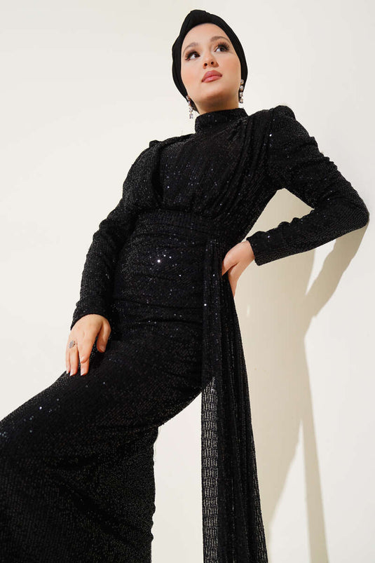 Robe de soirée noire à paillettes et fermeture éclair avec ceinture