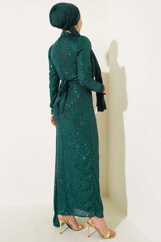 فستان سهرة أخضر بحزام وسحاب وترتر