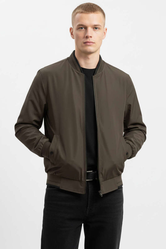 Men's Seasonal Jacket with Ribbed Detail and Zipper, Brown