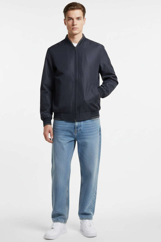 معطف رجالي موسمي بأزرار سحاب وتفاصيل مضلعة باللون الأزرق الداكن