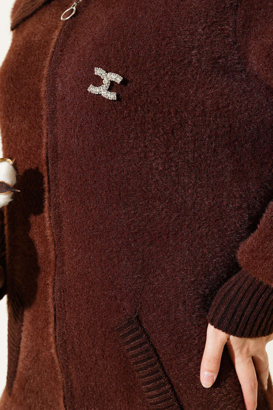 Zippered Bearded Knit Cardigan Brown