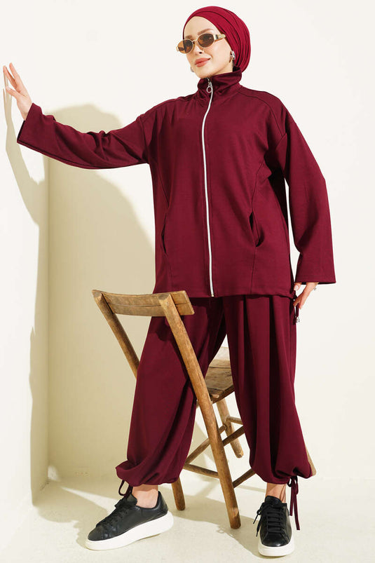 Ensemble Pantalon À Fermeture Éclair Et Châle Bordeaux