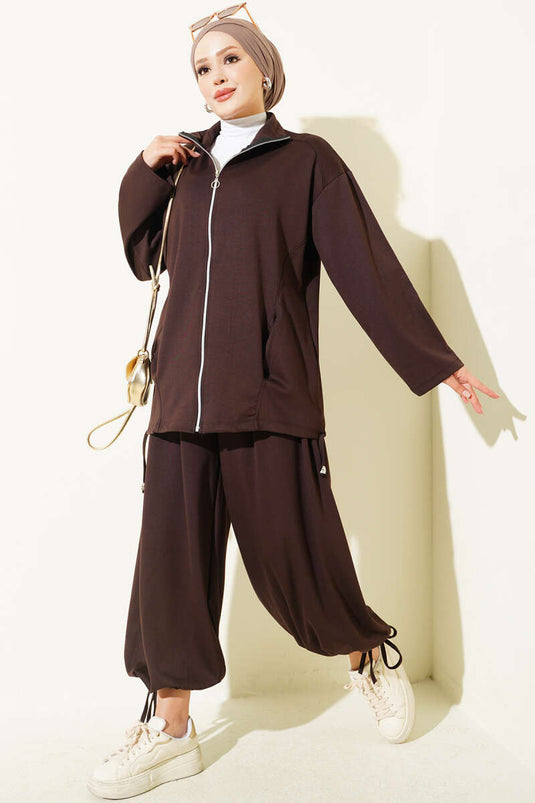 Ensemble Pantalon À Col Châle Et Fermeture Éclair En Marron