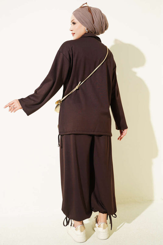 Ensemble Pantalon À Col Châle Et Fermeture Éclair En Marron