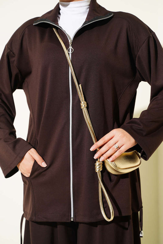 Ensemble Pantalon À Col Châle Et Fermeture Éclair En Marron