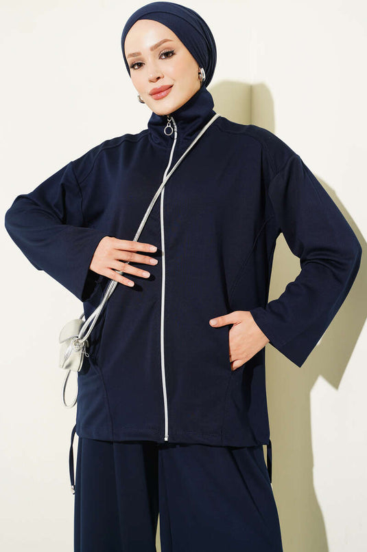 Ensemble Deux Pièces Bleu Marine À Fermeture Éclair Avec Pantalon Châle