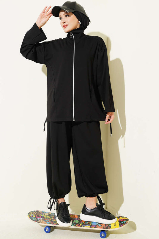 Ensemble Pantalon Avec Shawl À Fermeture Éclair En Noir