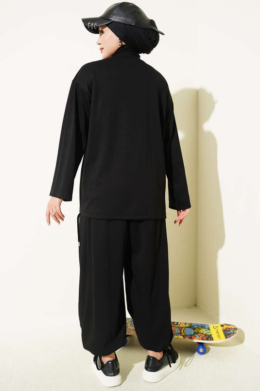 Ensemble Pantalon Avec Shawl À Fermeture Éclair En Noir