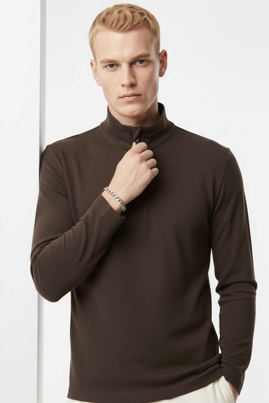 Fermuarlı Scuba Erkek Sweatshirt Kahve