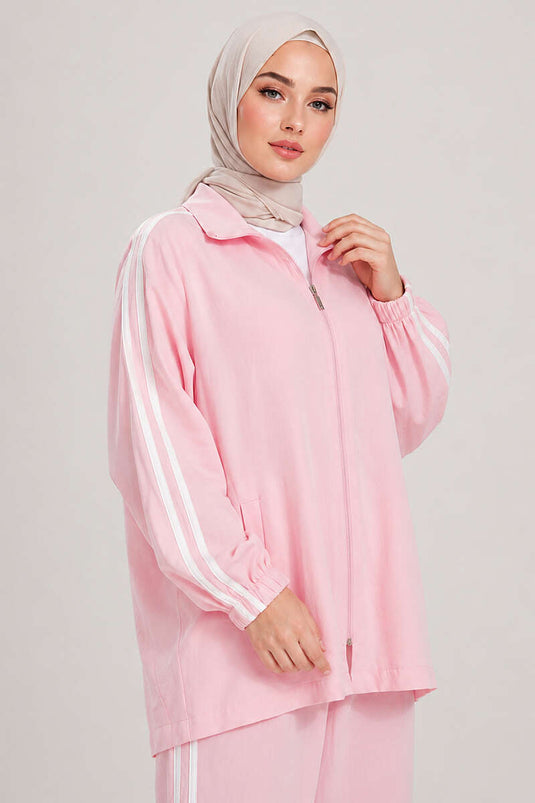 Fermuarlı Şerit Detaylı İkili Takım Pembe