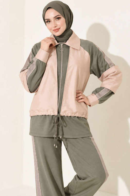 Zippered Striped Trim Two-Piece Set Khaki