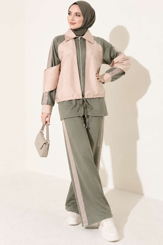 Zippered Striped Trim Two-Piece Set Khaki