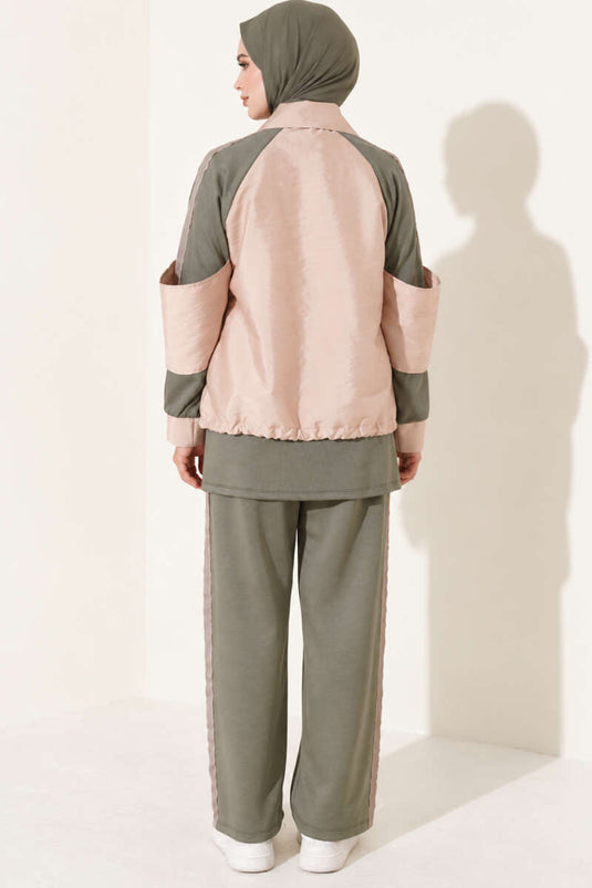 Zippered Striped Trim Two-Piece Set Khaki