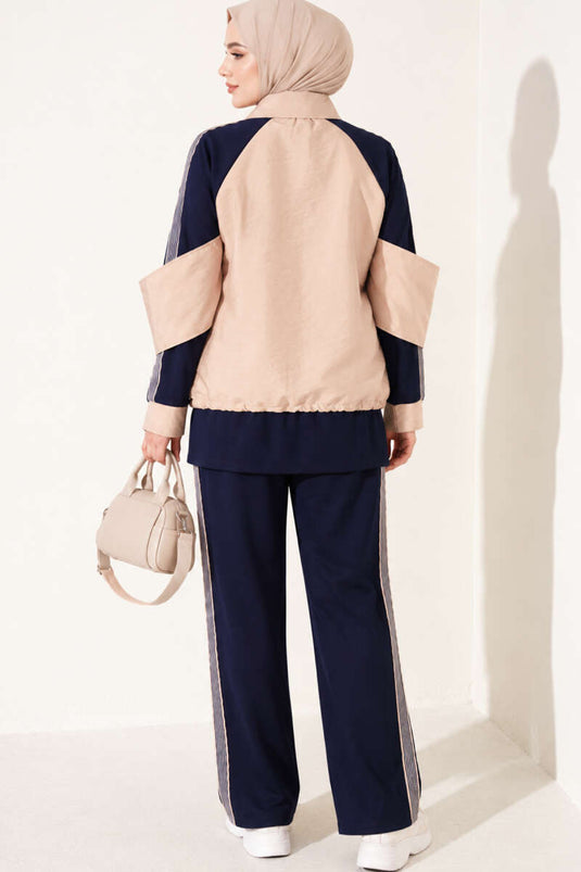 Zippered Striped Trim Two-Piece Set Navy Beige