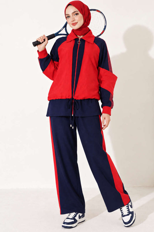 Zippered Striped Trim Two-Piece Set Navy