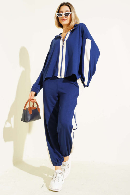 Two-Piece Set with Zipper and Stripe, Navy Blue