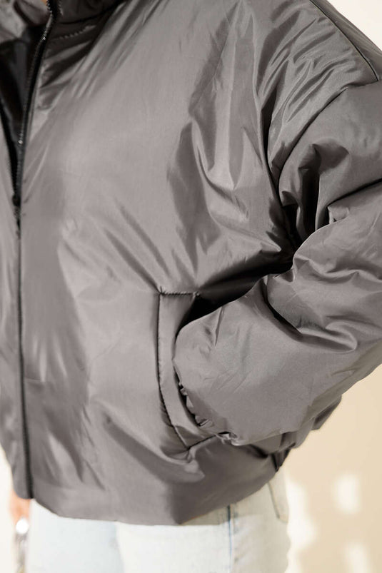 جاكيت قصير مبطن بسحاب، رمادي دخاني