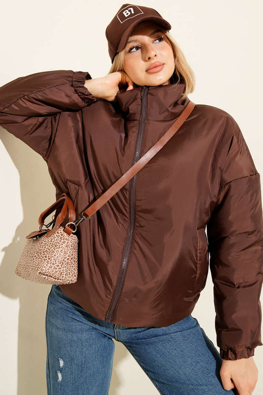 جاكيت قصير منتفخ بسحاب، بني