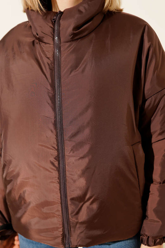 جاكيت قصير منتفخ بسحاب، بني