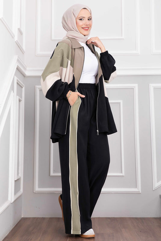Zippered Sports Jacket And Pants Set Black
