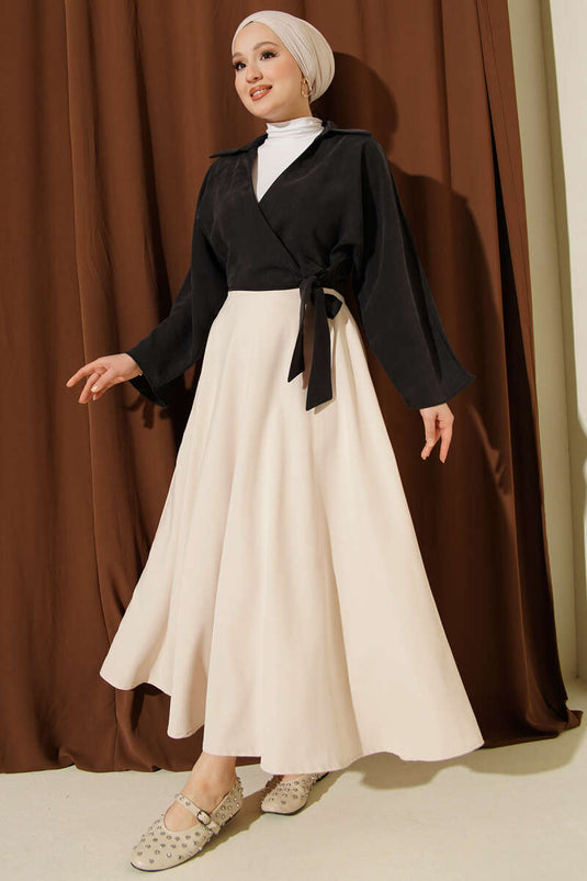 Fermuarlı Tensel Kloş Etek Bej